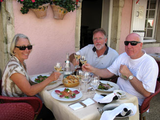 Santenay - lunch in the village square with Deb & Rod in 2010.